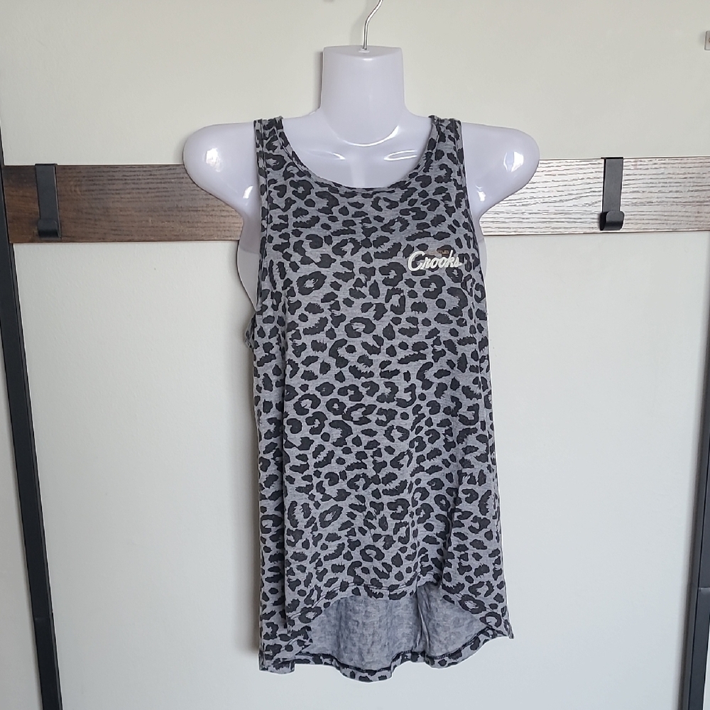 Crooks & Castles Animal PRINT Grey Black Asymmetrical Tank Top Side Boob